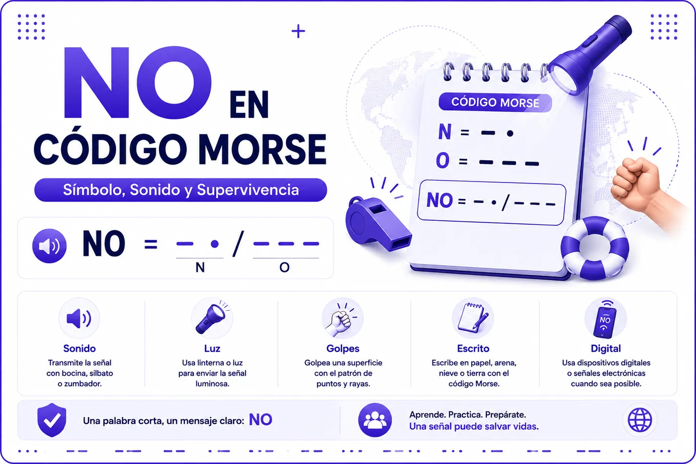 NO en código Morse: símbolo, sonido y guía